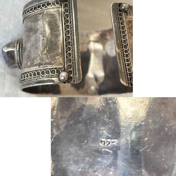 Vintage Sterling Silver & Lapis Lazuli Cuff Bracelet – 1970s Tribal Revival, 96g - Picture 7 of 8